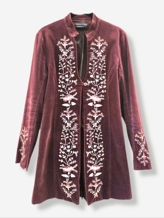 Tristan & Iseut Jackets & Blazers - Vintage Tristan & Iseut Velvet Jacket | 90s Burgundy Embroidered Long Blazer XS